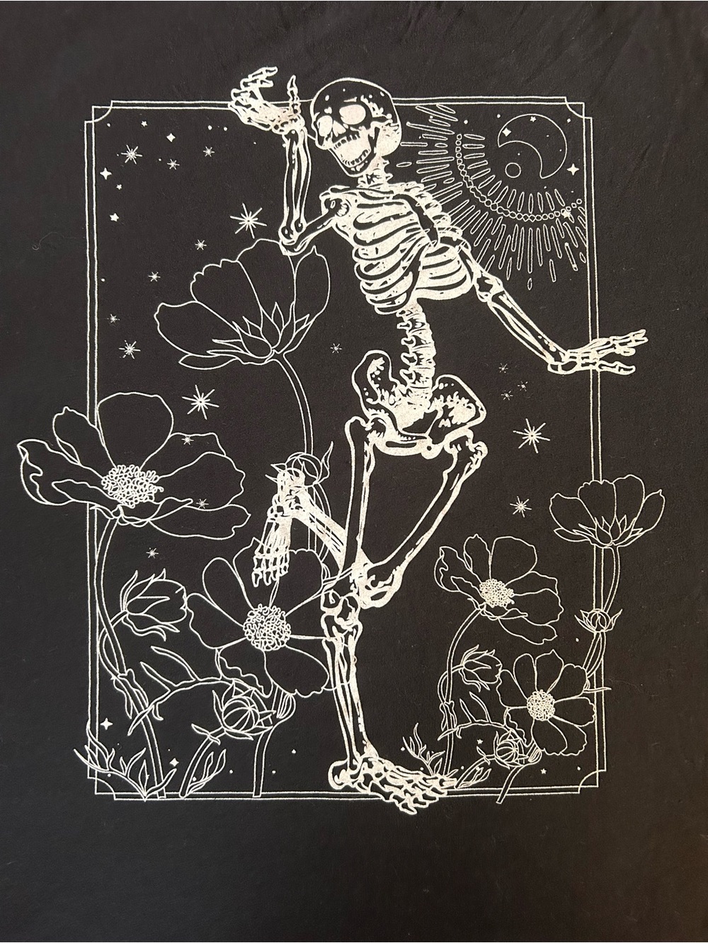 Black Short Sleeve Tee with White Skeleton & Floral Graphic - size M